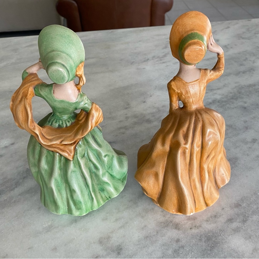 Vintage Victorian Ladies Figurines Green Mustard Dresses Bonnets Figurines Lady - Picture 2 of 9